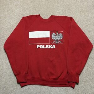 Vtg Poland Polska Sweatshirt Mens XL Red 90s FOTL Eagle Crewneck Polish Flag